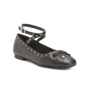 BOTTERO Black Made In Brazil Leather Studded Ballet Wrap Flats